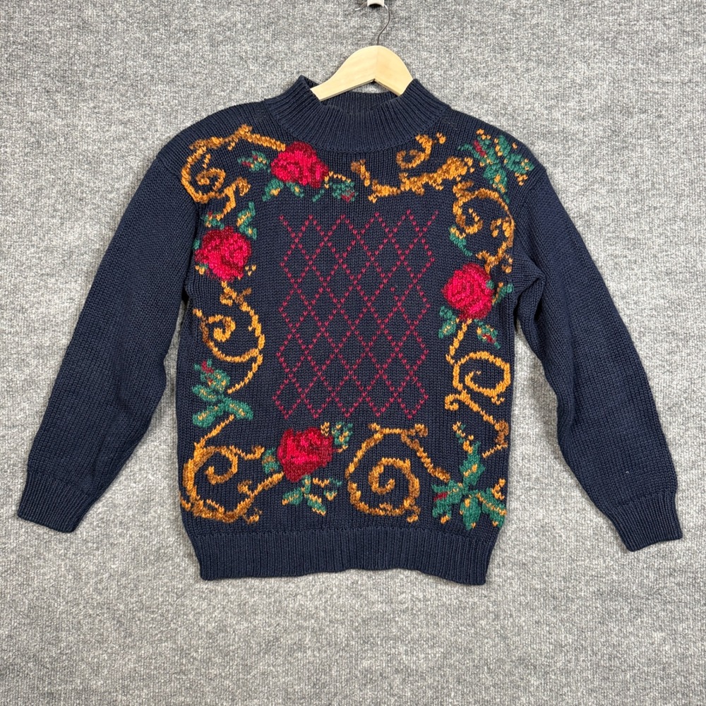 Vtg Studio Michelle‎ Stuart Medium Sweater Black Embroidered Wool Blend Grandma